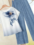 Women's Navy Blue Floral Summer Boho Casual Vacation Holiday 2 Pieces Outfits Plants-Pattern Pants And Round Neck Batwing Sleeve Blouse Woven Set