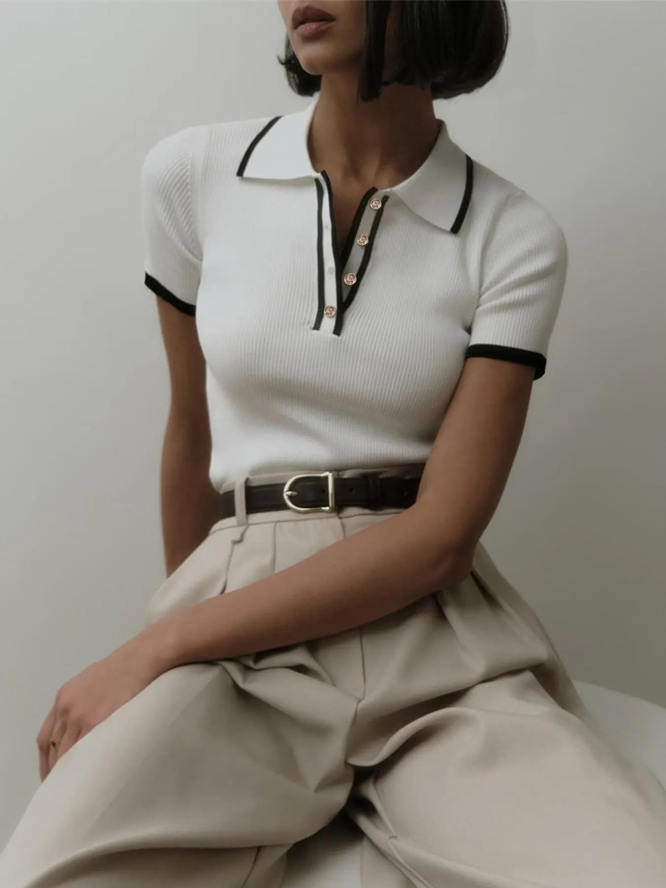 Women's Contrast Binding Polo Neck Knit Top, Casual Fit Button-Front Short-Sleeve Knitting Top for Summer, Fashion Knit Polo Shirt for Women's Daily Wear, Collared Polo Shirts, Summer Tops