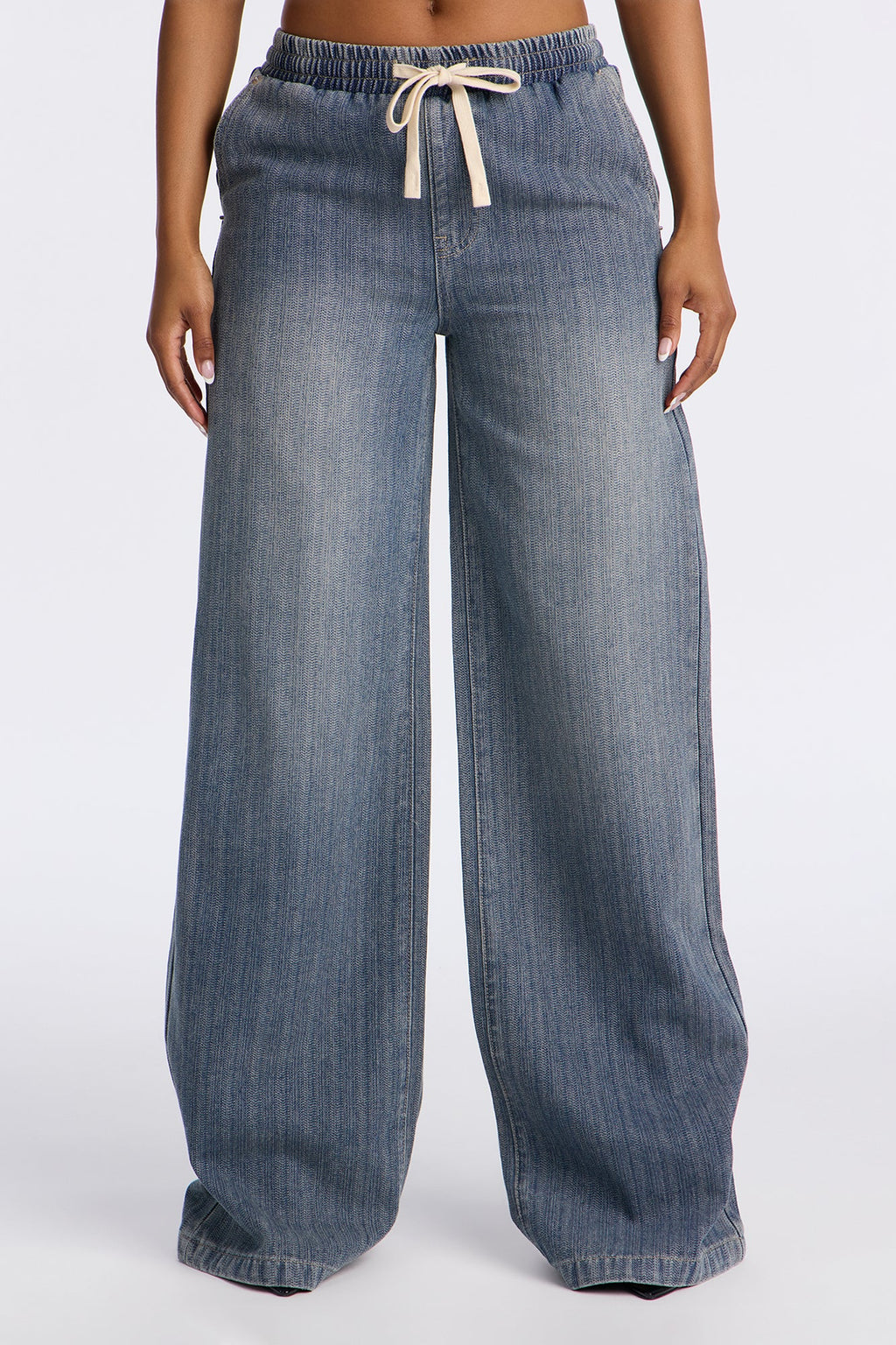 Want No Smoke Pull On Tie Waist Jeans - Vintage Wash