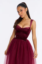 Constanza Velvet Tulle Midi Dress - Black