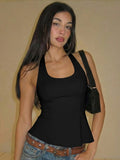 Women's Solid Color Ruffled Hem Tie-back Halter Tank Top, U Neck Tie-neck Lace-up Sleeveless Backless Plain Fit & Flare Cami Camisole Top, Party Club Date Holiday Daily Casual Sweet Crop Tops For Ladies Summer Fashion Clothes Wear