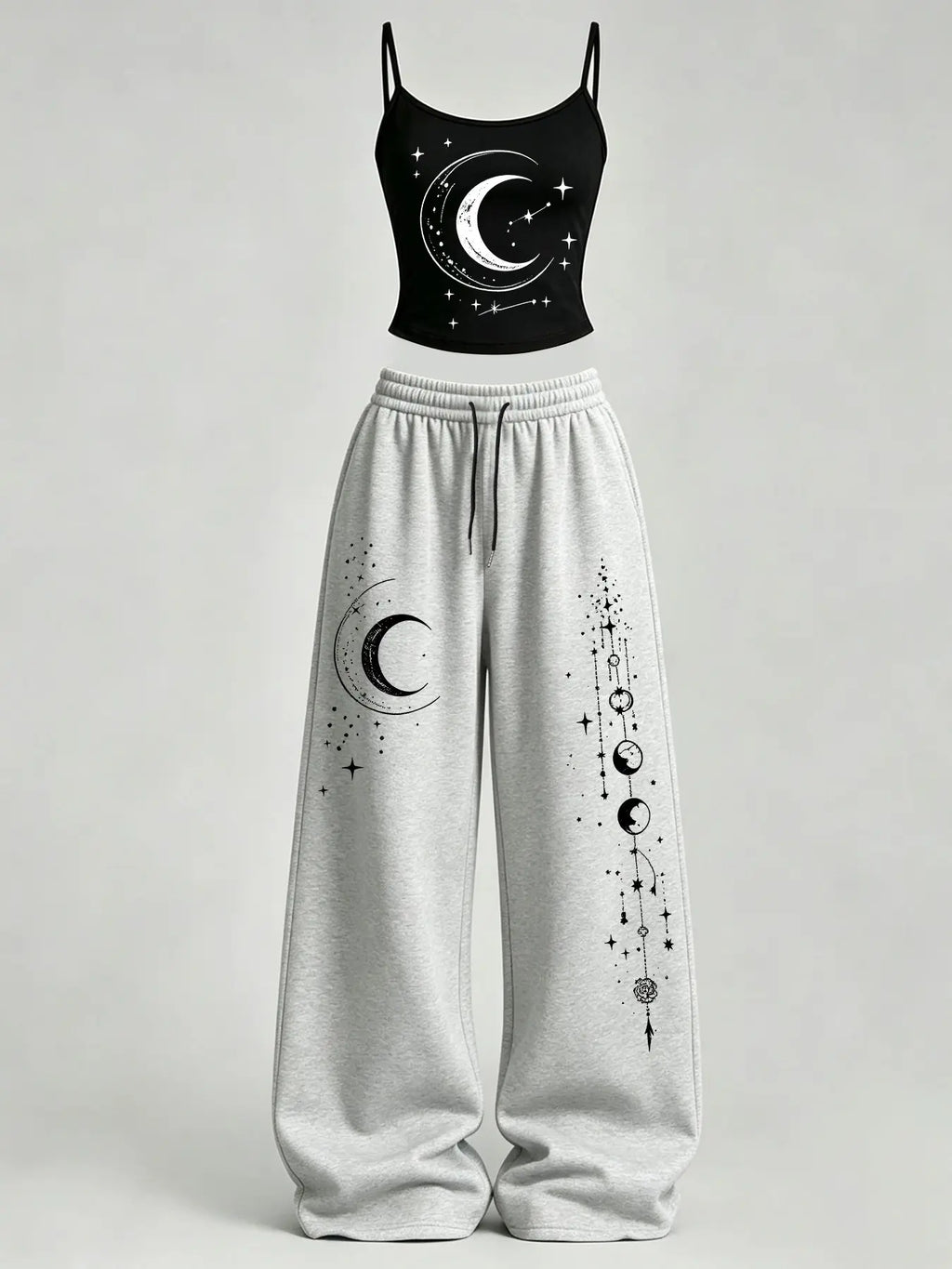 Women's Casual Loungewear Set, Star Moon Print Slim Fit Top and Loose Pants Set, Y2K American Street Style, Daily Wear for Campus and Home
