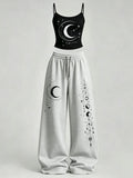 Women's Casual Loungewear Set, Star Moon Print Slim Fit Top and Loose Pants Set, Y2K American Street Style, Daily Wear for Campus and Home