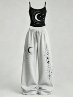 Women's Casual Loungewear Set, Star Moon Print Slim Fit Top and Loose Pants Set, Y2K American Street Style, Daily Wear for Campus and Home