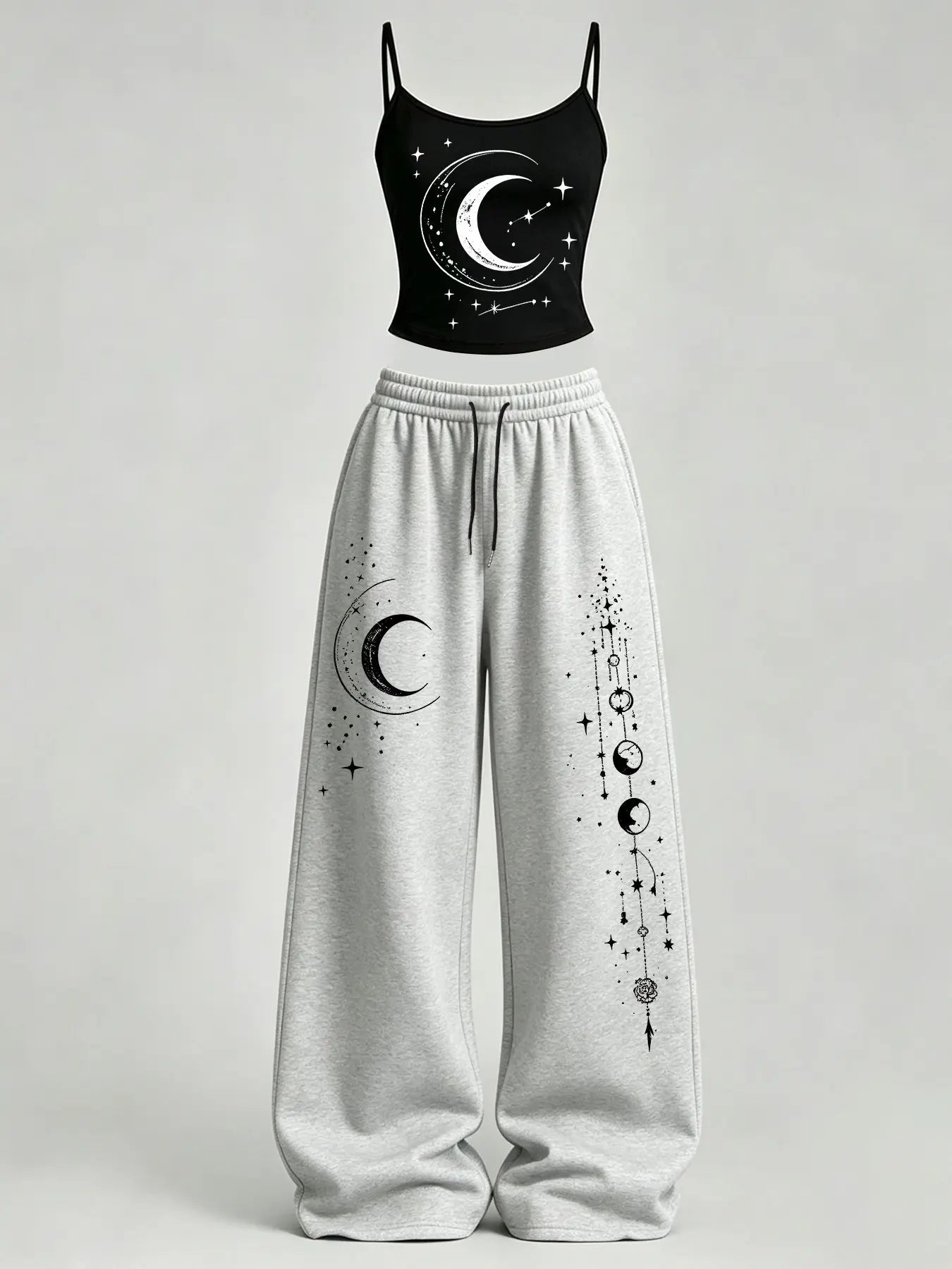 Women's Casual Loungewear Set, Star Moon Print Slim Fit Top and Loose Pants Set, Y2K American Street Style, Daily Wear for Campus and Home
