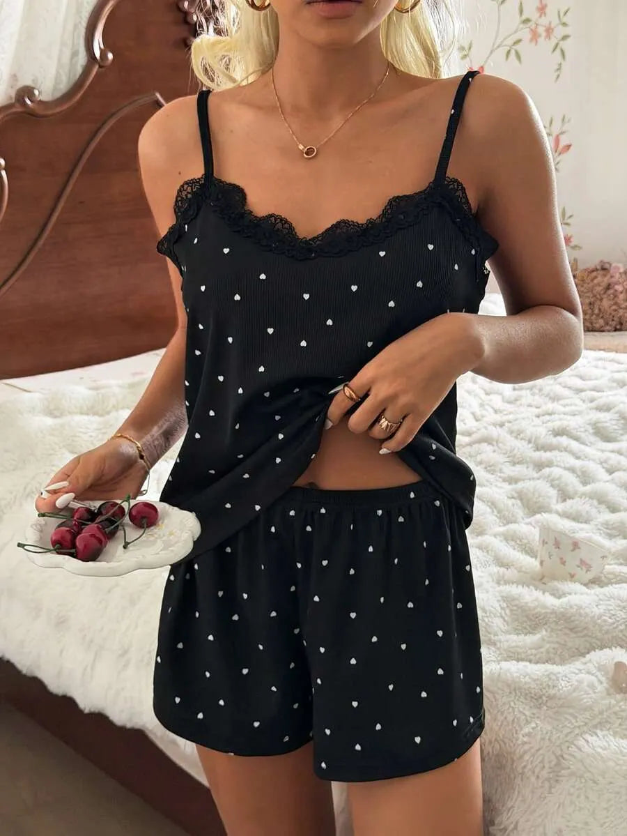 CottageSlumber Knitted Rib Fabric, Heart Print Patchwork With Lace Trim, Romantic Sweet Cute Sexy Camisole Women Summer Sets Outfit Pajamas Polka Dot Short Set PJS