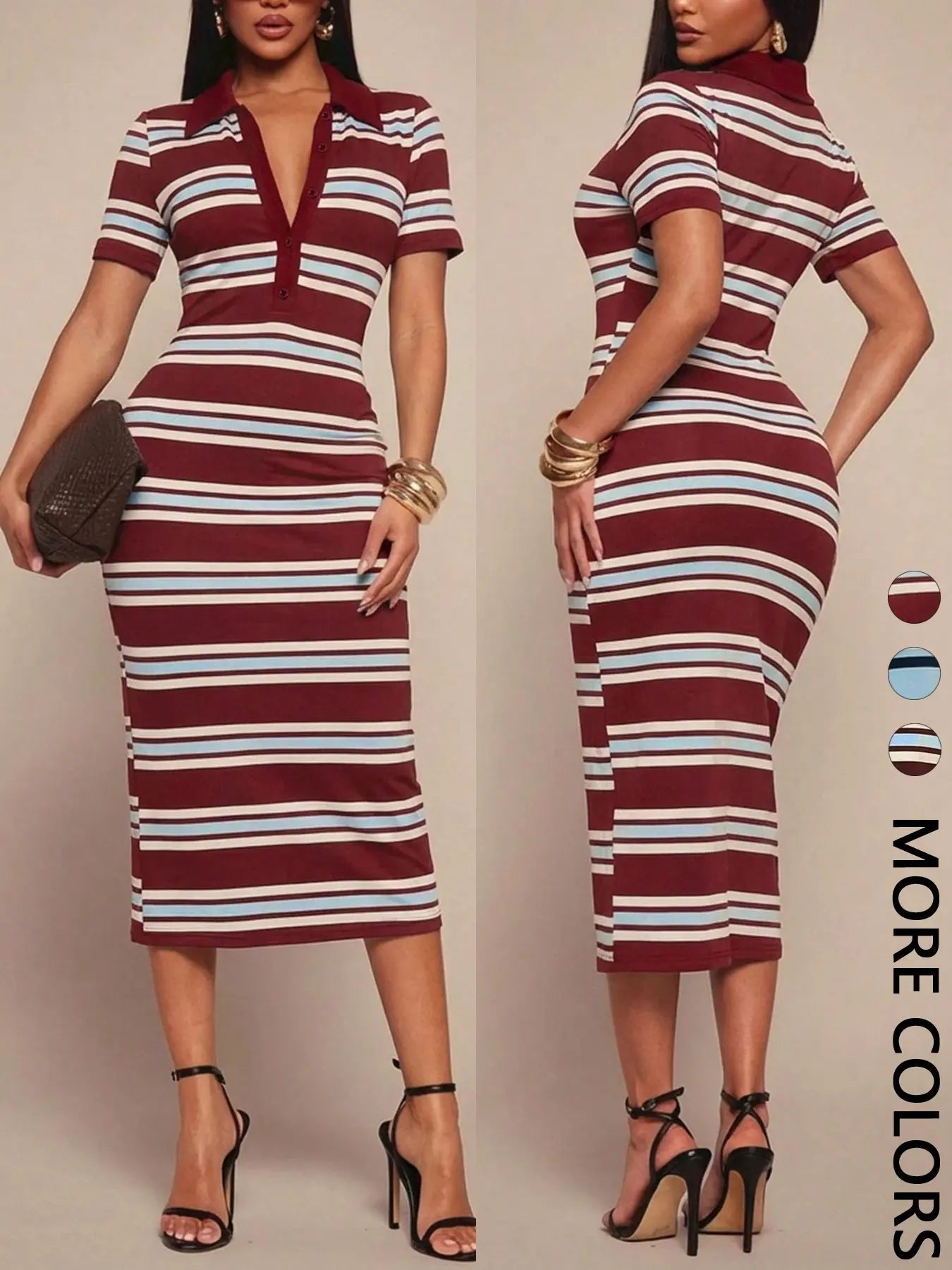 Women's Knit Striped Polo Midi Dress, Short Sleeve, Button Placket, Contrast Color, Daily Casual Date & Party Wear, Breathable Stretchy & Soft, Retro Street Style
