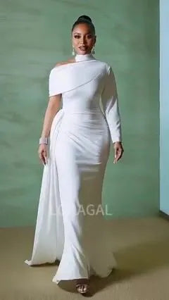 Asymmetric Mock Neck Long Sleeve Sash Party Maxi Dresses-White