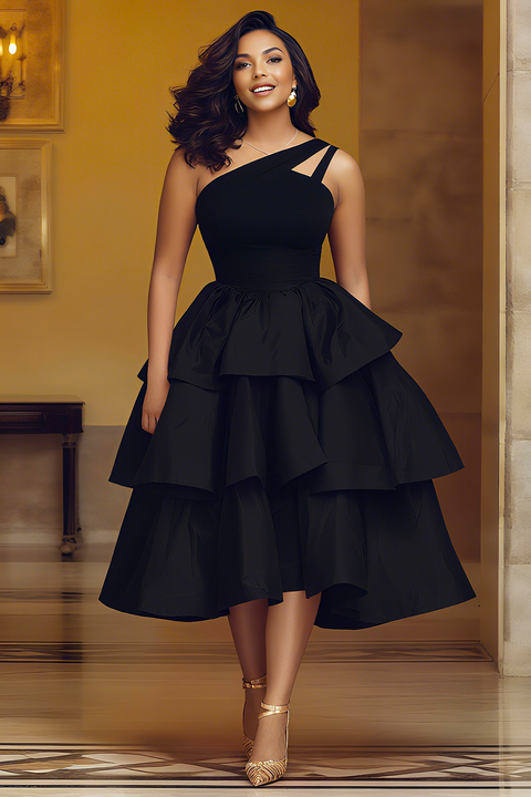 One Shoulder Cinched Waist Layered Hem Party Midi Dresses-White