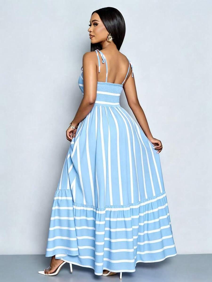 Women's Blue And White Stripe Flowing Maxi Dress,Summer Elegant Holiday Tea Party Holiday,Shoulder Straps Chest Gathering,Beach Casual Gown