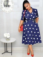 Elegant Chic Women's Midi Dress with Belt, Polka Dot Pattern, Short Sleeve