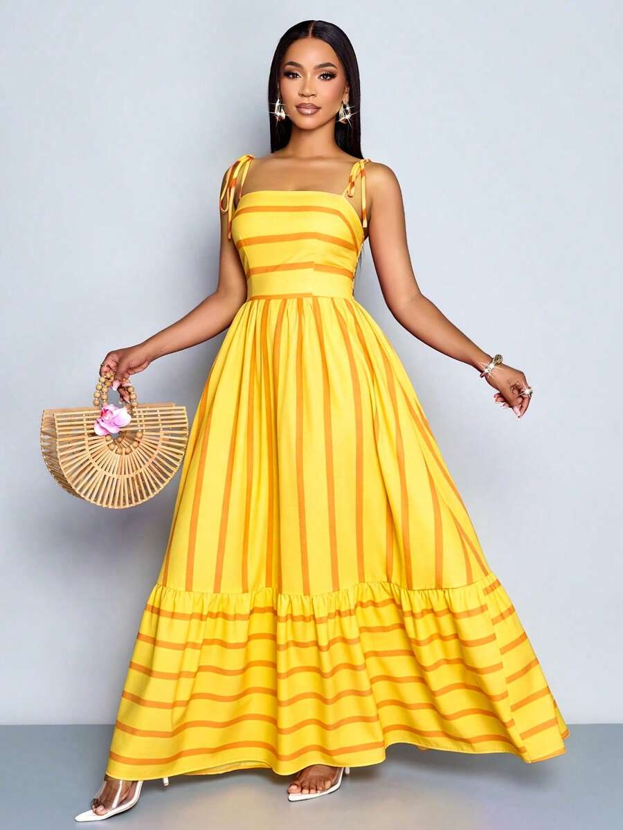 Women's Blue And White Stripe Flowing Maxi Dress,Summer Elegant Holiday Tea Party Holiday,Shoulder Straps Chest Gathering,Beach Casual Gown