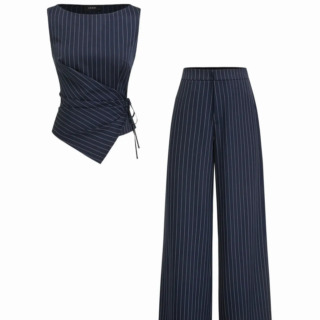Cider Boat Neck Striped Wrap Knotted Top & Mid Rise Straight Leg Trousers Set– Office & Weekend Casual SwimWeek