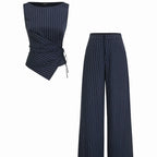 Cider Boat Neck Striped Wrap Knotted Top & Mid Rise Straight Leg Trousers Set– Office & Weekend Casual SwimWeek