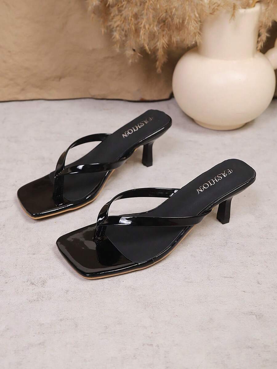 Square Toe Wide Foot Thong Sandals With Thin Heel, Versatile Outdoor Wear Thin Heel Thong Flip Flops For Women, Chic & Elegant