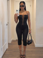 Slaydiva Black Strapless Eyelet Lace-Up Corset & Capri Pants Set - Sexy Bodycon 2 Pieces Outfit For Women-A,Summer Outfits For Women