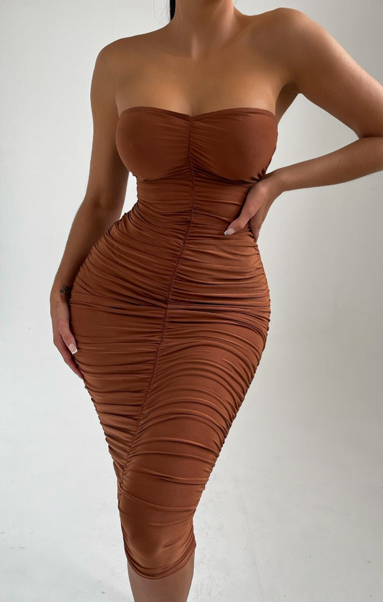 Strapless Ruched Midi Dress