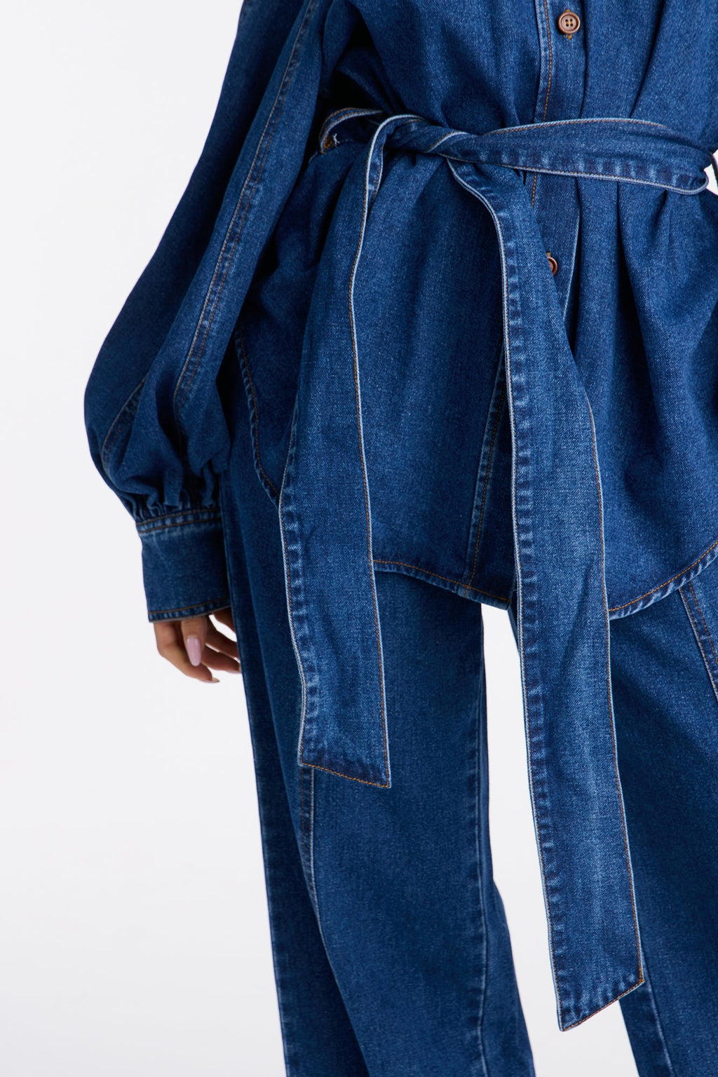 Gemma Tie Waist Denim Pant Set - Dark Wash