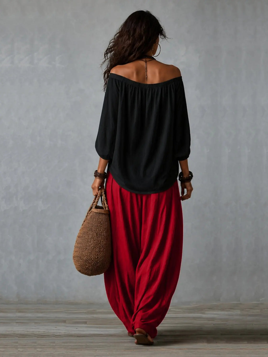 2026 New Women Two Piece Matching Set, Oversized Long off Shoulder Blouse, Elastic Cuff Lantern Pants, Casual Vacation Streetwear