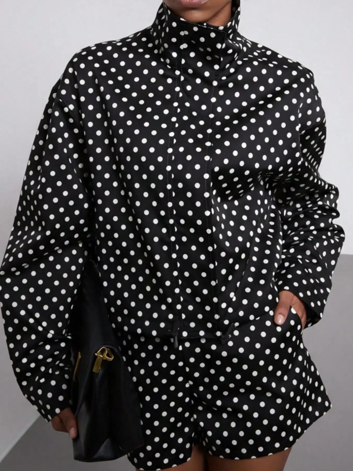 Women's Spring/Fall European Style Two-Piece Button Front Suit, Stand Collar Vintage Polka Dot Long Sleeve Blazer & Shorts, Pilot Look Outerwear Short Suits Top