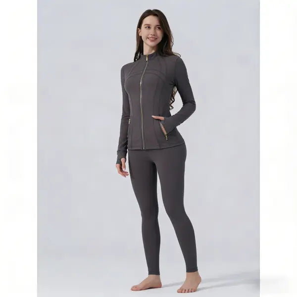 【Golden Zipper】Soft Brushed Women's Sport | Yoga | Quick-dry | Workout Jacket & High Waisted Cropped Leggings. Golden Zipper Jacket with Pockets, Yoga Pants, Thumbholes Design, Casual Slim fit Wear for Women