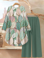 2pcs Women Leaf Marble Print Loose Fit Crew Neck Long Sleeve Top And Pants Set, Autumn/Winter Outfit Blouse Pants Outfit Fall Clothes,Casual