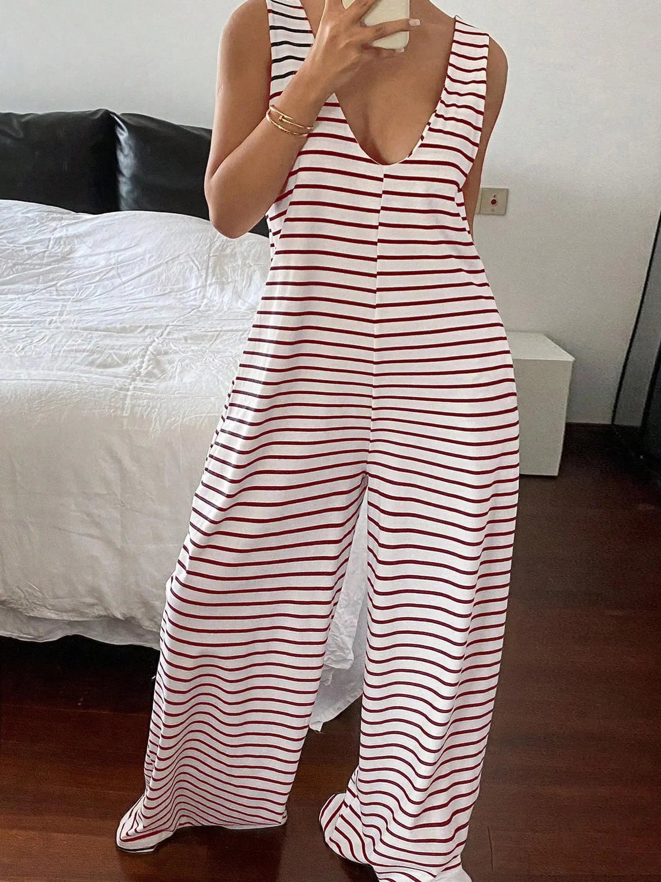 Striped Sleeveless Loose-Fitting Knit Jumpsuit, Casual Overalls, Casual Comfortable One-Piece, Spring & Fall Fashion, Non-Positional Lines Design, Casual Basic Jumpsuit