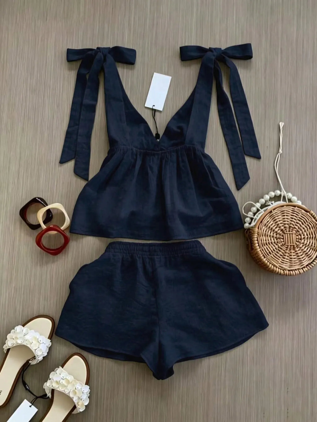 Spring/Summer Women's Fashion Set, Sleeveless Top With Elegant Tie Design, Strappy Shorts Vacation Set, Daily Casual Wear