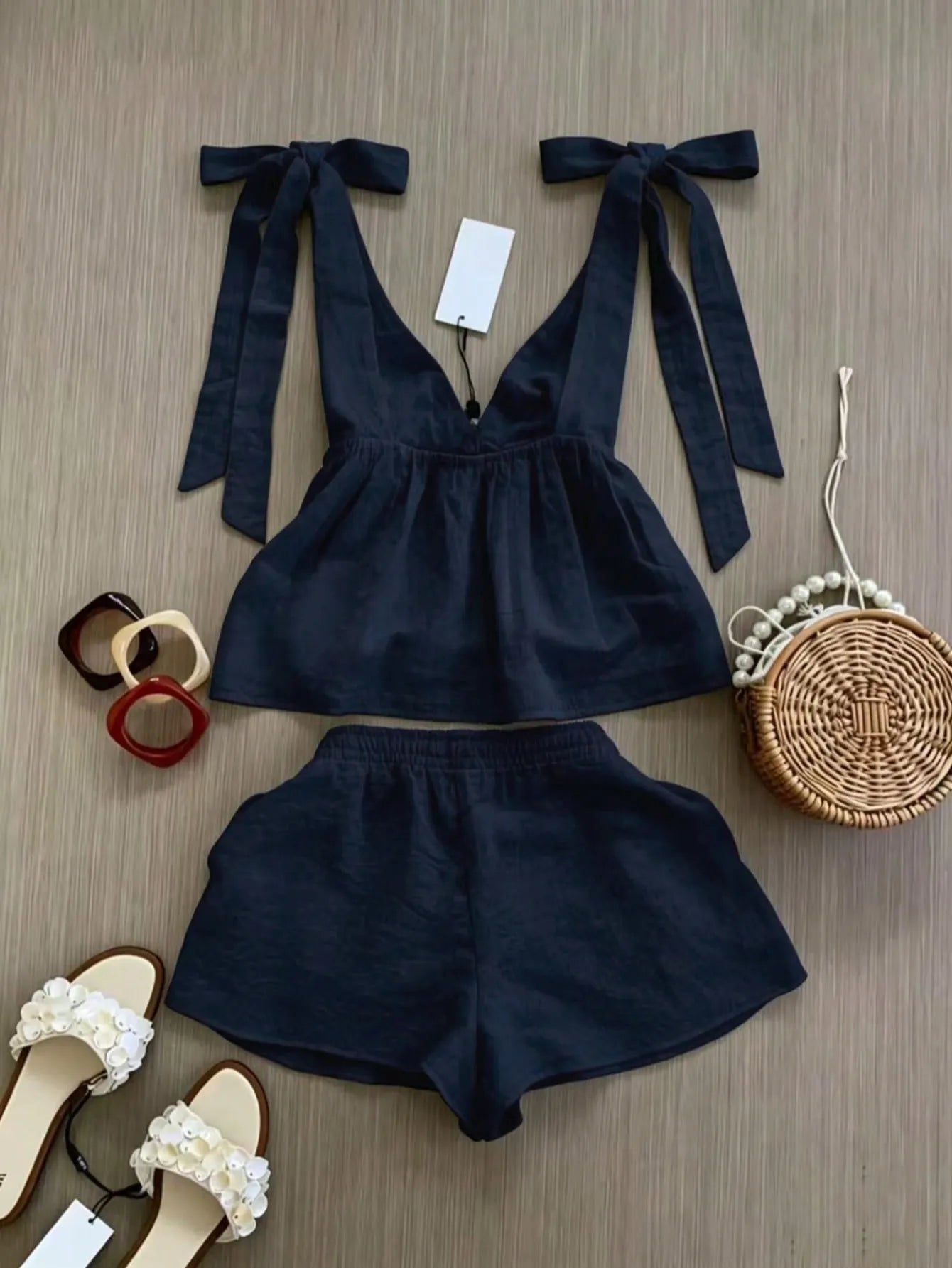 Spring/Summer Women's Fashion Set, Sleeveless Top With Elegant Tie Design, Strappy Shorts Vacation Set, Daily Casual Wear