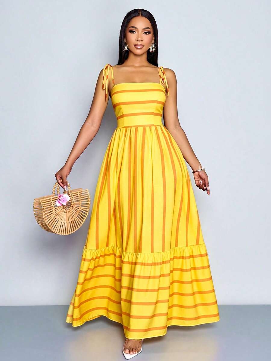 Women's Blue And White Stripe Flowing Maxi Dress,Summer Elegant Holiday Tea Party Holiday,Shoulder Straps Chest Gathering,Beach Casual Gown