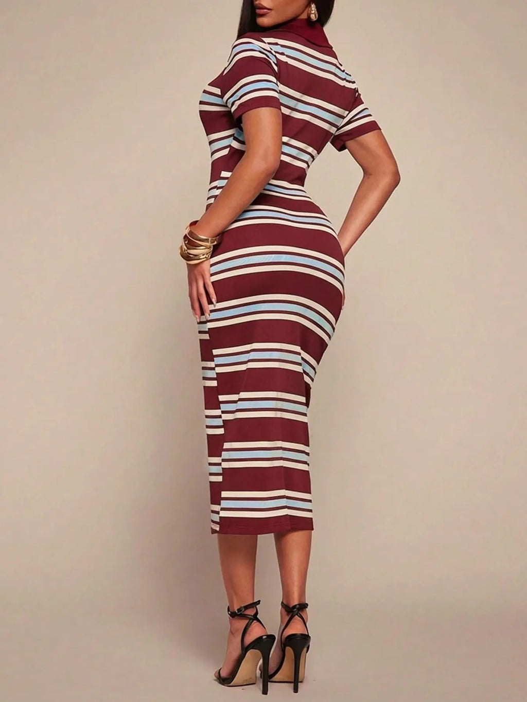 Women's Knit Striped Polo Midi Dress, Short Sleeve, Button Placket, Contrast Color, Daily Casual Date & Party Wear, Breathable Stretchy & Soft, Retro Street Style