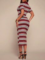 Women's Knit Striped Polo Midi Dress, Short Sleeve, Button Placket, Contrast Color, Daily Casual Date & Party Wear, Breathable Stretchy & Soft, Retro Street Style