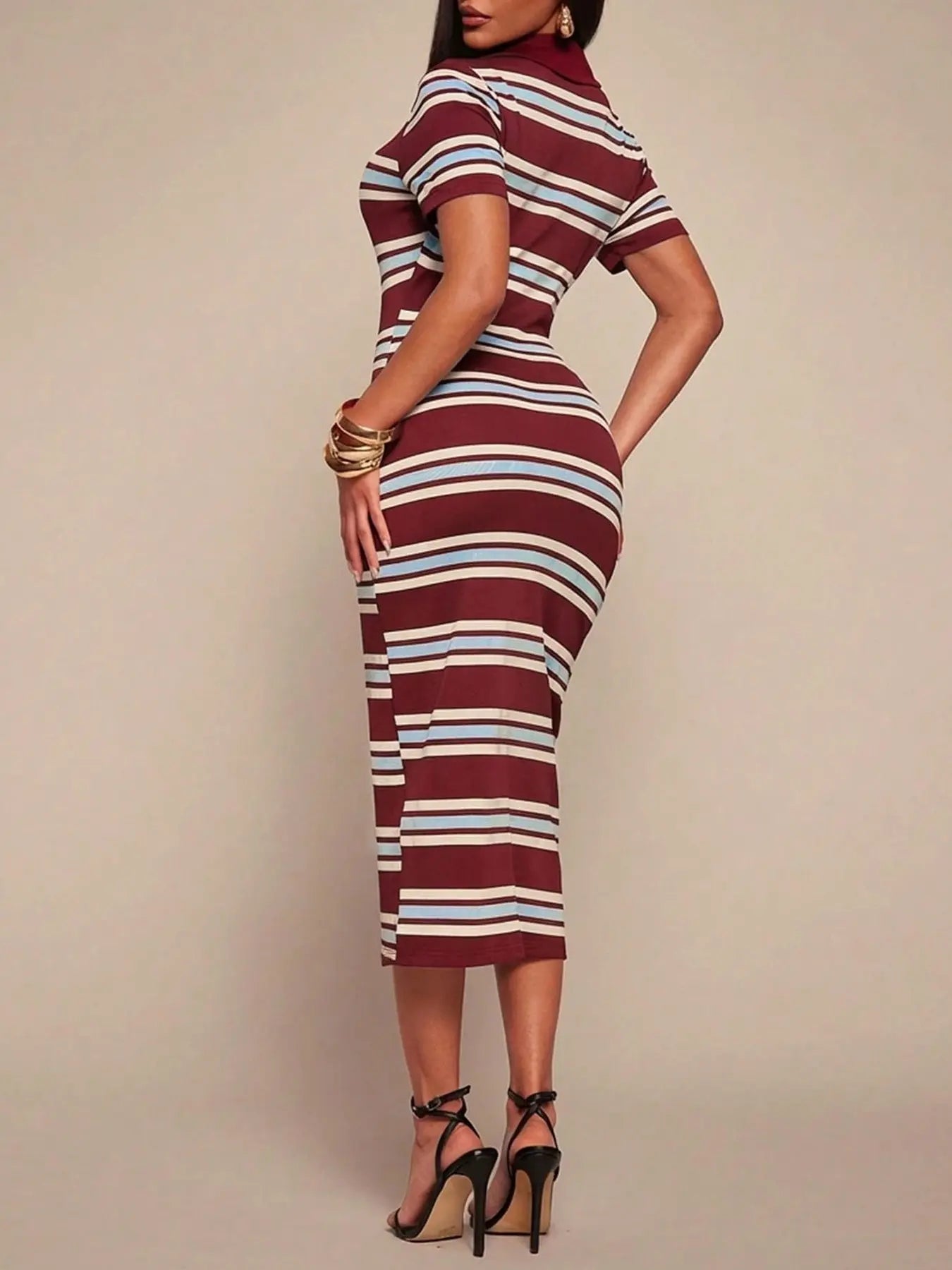 Women's Knit Striped Polo Midi Dress, Short Sleeve, Button Placket, Contrast Color, Daily Casual Date & Party Wear, Breathable Stretchy & Soft, Retro Street Style