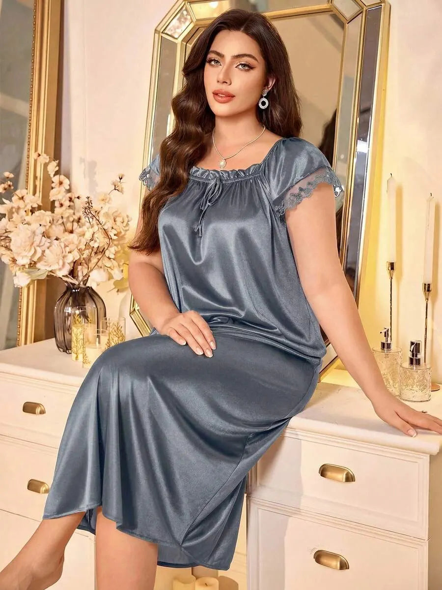 MuseNap CURVE Plus Size Women Pleated Square Collar Embroidered Satin Nightgown