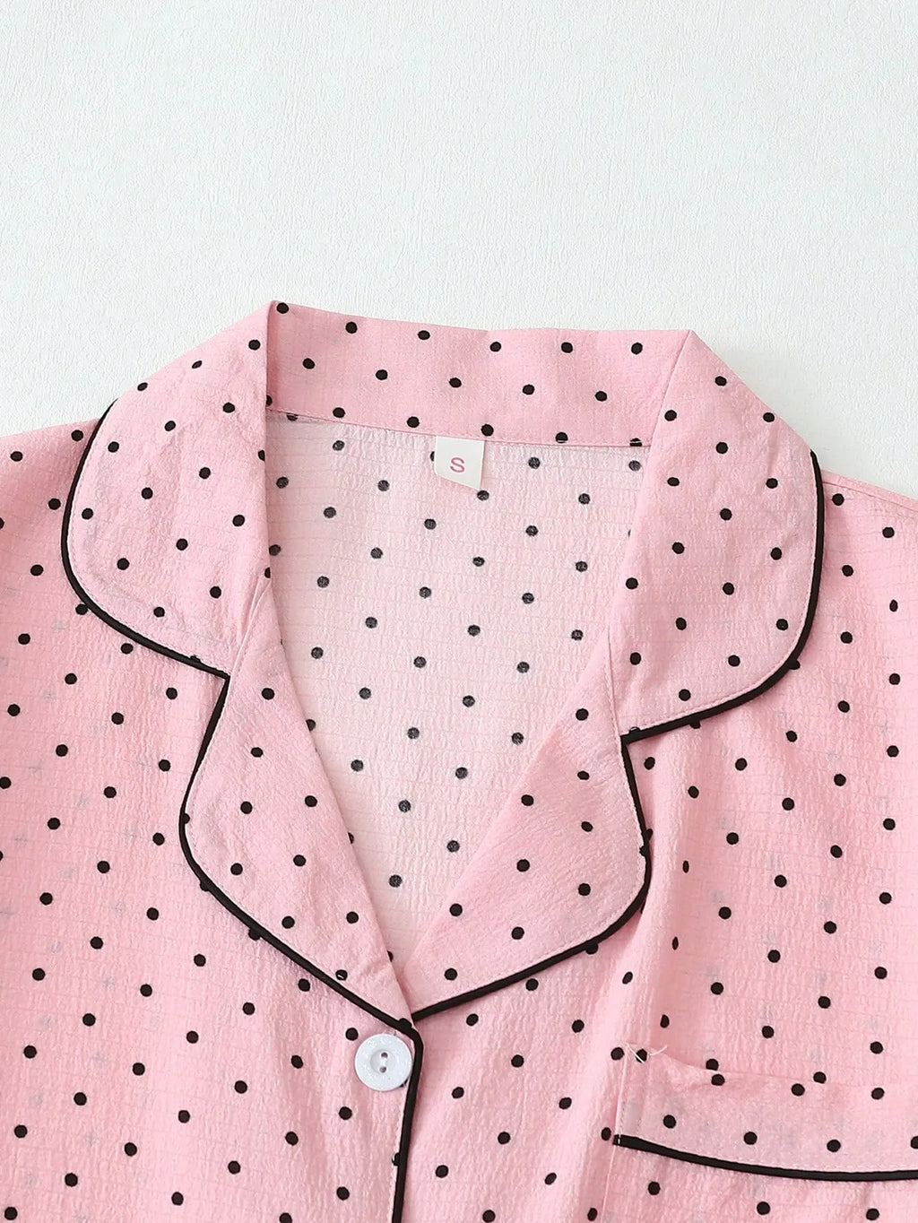 2pcs/Set Women's Mini Polka Dot Printed Pajama Set With Contrast Trim Button-Down Shirt And Bowknot Shorts, Perfect For Home Wear In Summer White Set,Two Pieces Set