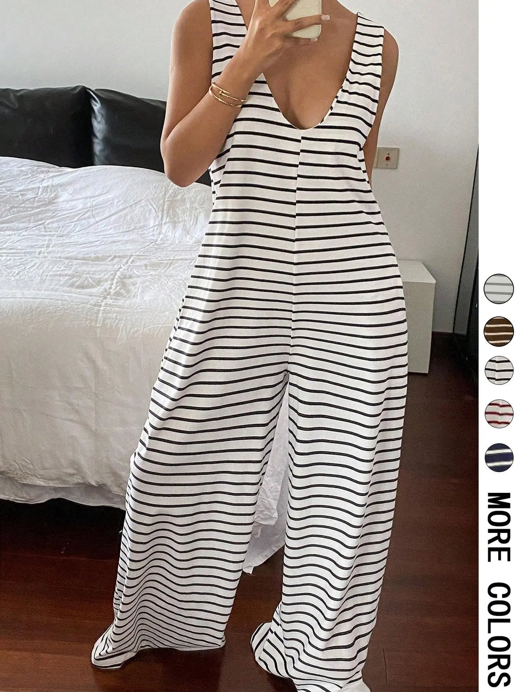 Striped Sleeveless Loose-Fitting Knit Jumpsuit, Casual Overalls, Casual Comfortable One-Piece, Spring & Fall Fashion, Non-Positional Lines Design, Casual Basic Jumpsuit