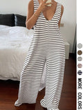 Striped Sleeveless Loose-Fitting Knit Jumpsuit, Casual Overalls, Casual Comfortable One-Piece, Spring & Fall Fashion, Non-Positional Lines Design, Casual Basic Jumpsuit