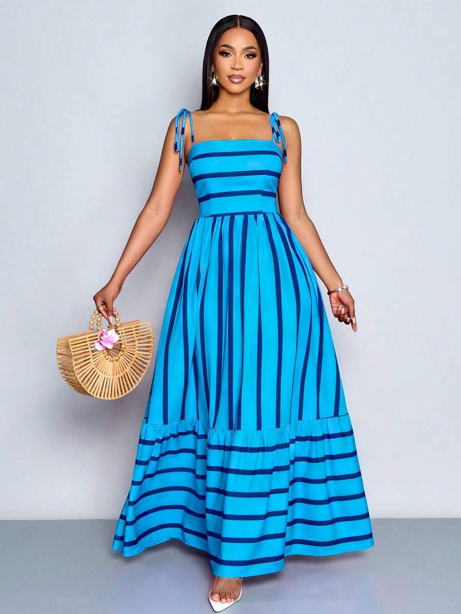Women's Blue And White Stripe Flowing Maxi Dress,Summer Elegant Holiday Tea Party Holiday,Shoulder Straps Chest Gathering,Beach Casual Gown