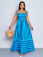Women's Blue And White Stripe Flowing Maxi Dress,Summer Elegant Holiday Tea Party Holiday,Shoulder Straps Chest Gathering,Beach Casual Gown