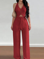 Women's Halter Crop Top & Wide-Leg Pants Set - Comfortable Woven Material