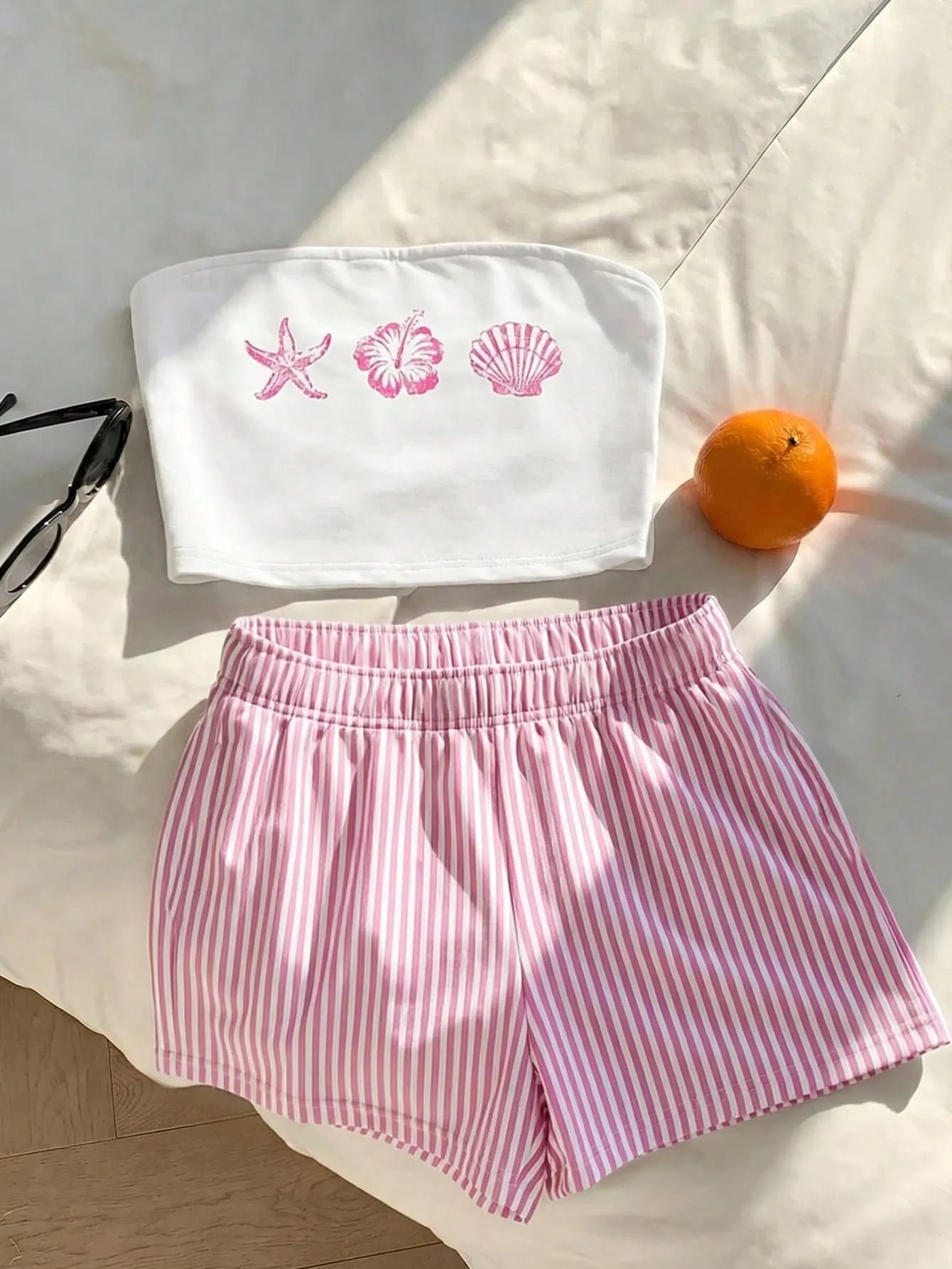 Comfortcana Women Summer Outfit,Pink And White Striped Tube Top & Shorts 2-Piece Set,Cute Casual Minimalist Everyday Versatile Resort Beach Outfit For Ladies