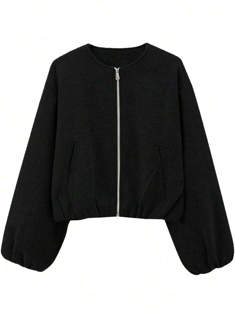 Women's Baseball Jacket Bomber Jacket Street Style Round Neck Drop Shoulder Lantern Sleeve Zip-Up Outerwear, Autumn/Winter Spring