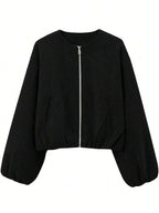 Women's Baseball Jacket Bomber Jacket Street Style Round Neck Drop Shoulder Lantern Sleeve Zip-Up Outerwear, Autumn/Winter Spring