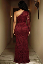One Shoulder Lace Fishtail Ruched Slit Party Maxi Dresses-Black
