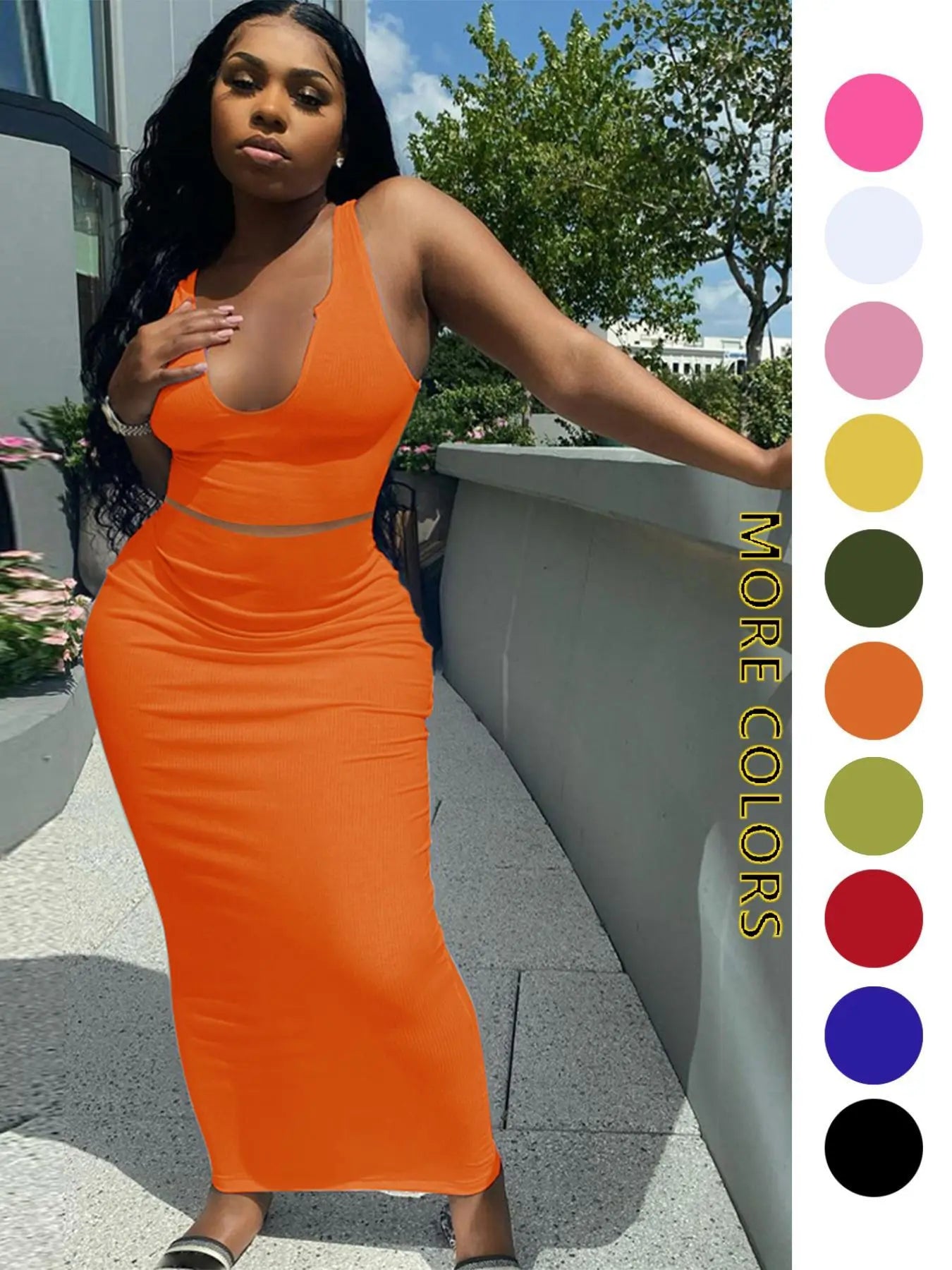 Two-piece Set Women's Solid Notched Neck Crop Tank Top & High Waist Bodycon Skirt Set, Casual Slim Sleeveless Top & Long Skirt, Ladies Summer Clothes for Daily Wear, Outfit Sets Women, Summer Outfits Set