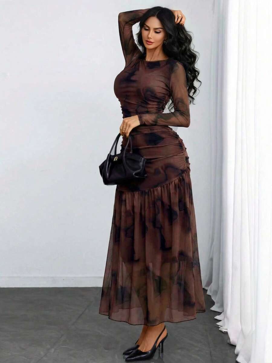 Women's Gothic Sexy Elegant Modern Contrast Stripe Asymmetrical Ruffle Waist Double-Layer Mesh Long Sleeve Dress, Suitable For Dates, Vacations And Daily Commute Spring