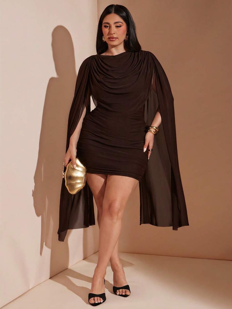 Plus Size Women's Solid Color Elegant Asymmetric Hem Mini Dress, Black Dress Dinner Evening Summer