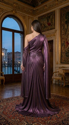 Metallic One-Shoulder Cape Maxi Dress
