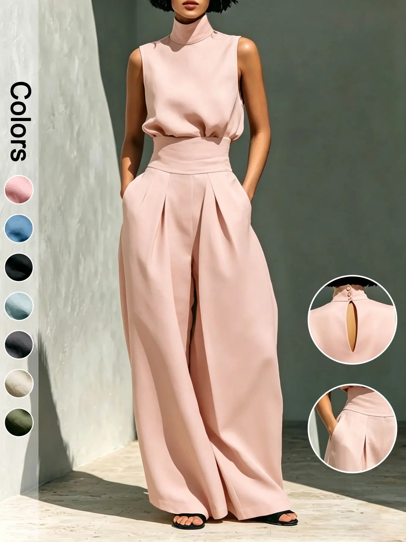 Women's High-Neck Sleeveless Top and High-Waist Wide-Leg Pants Two-Piece Set, Elegant Chic Formal Outfit for Fashionable Ladies, Clothes