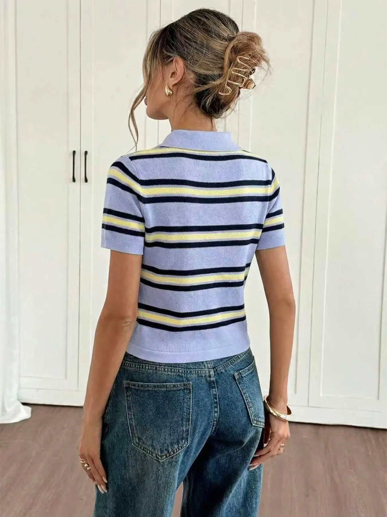 Women's Preppy Striped Knit Polo Shirt, Slim-Fit Short-Sleeve with Contrast Collar, Soft Lightweight Summer Top, Striped Polo Shirts